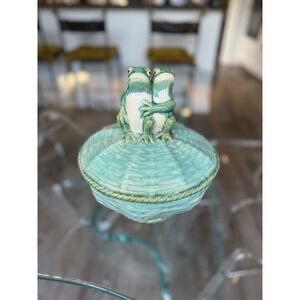 Signed Vintage Majolica Pottery Covered Serving Bowl with Hugging Frog Finial
